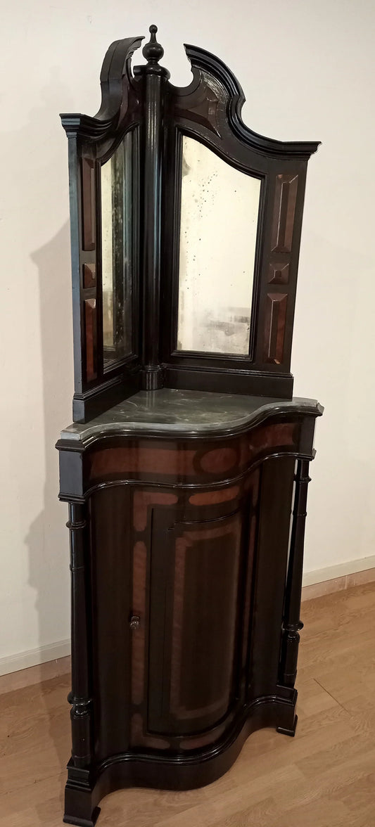 Gorgeous corner cabinet in excellent condition with mirrored top and curved dark wood lower body