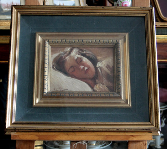 Quadro di francesco galante, bambina dormiente, opera firmata, pittura romantica