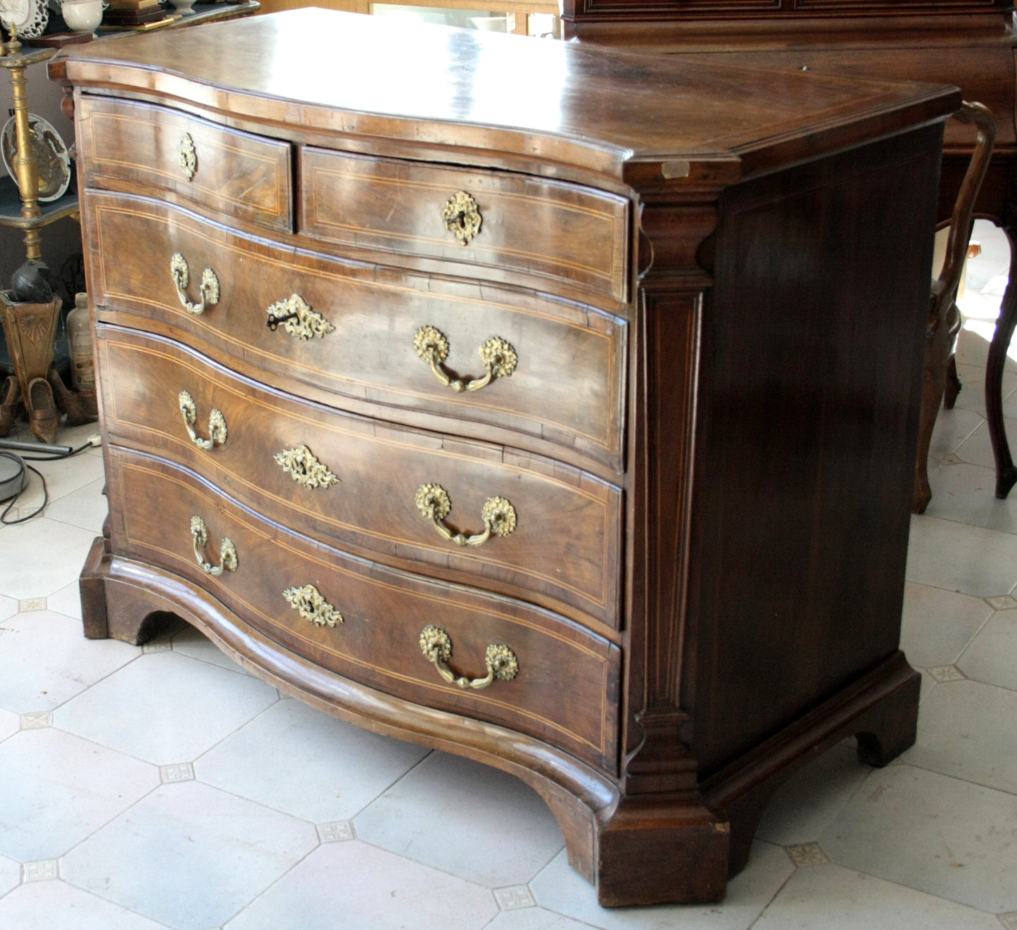 Antique bombe chest of drawers vintage design with brass pulls for casa decor