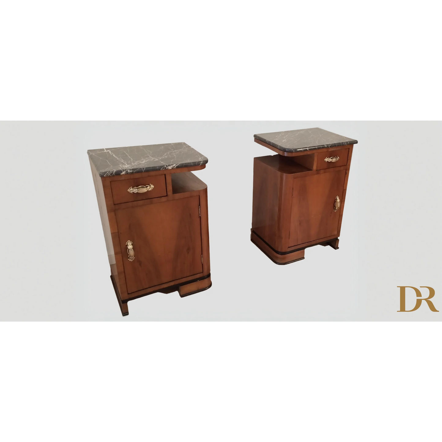 Comodini Art Déco in noce, Italia, set di 2 con piano in marmo e cassetti eleganti
