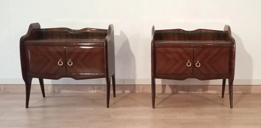 Pair of mid-century modern Italian wooden bedside tables with curved edges and brass handles in rosewood design