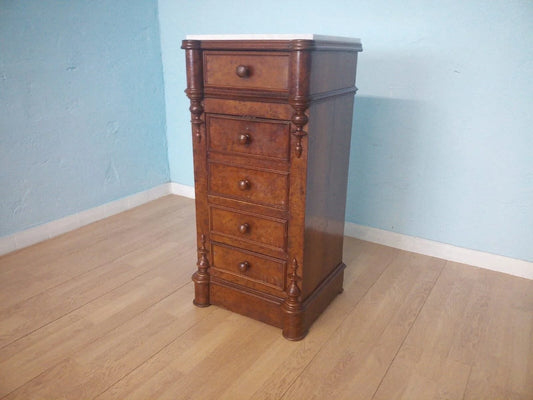 Vintage classic style bedside table with five drawers, restored white marble and rare walnut details.