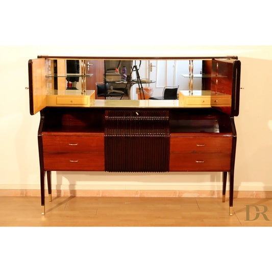 Credenza di metà secolo di osvaldo borsani in mogano e acero con finitura lucida e vetri, arredamenti borsani varedo