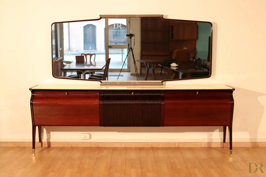 Sideboard by Osvaldo Borsani in mahogany and rosewood with black panel and gold legs, Italian modernist design