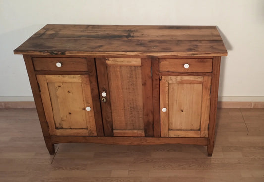 Low rustic pine sideboard with two drawers and three doors in 19th century Italian pine finish