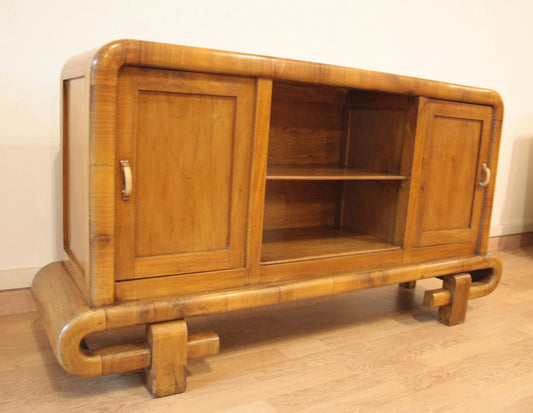 1950s Art Deco walnut dressing table with sliding wooden doors, mid-century modern Italian vintage design.