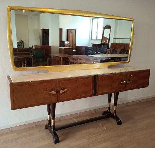 Credenza mobile bar consolle mid-century con cassetti legno e specchio con cornice oro vittorio dassi