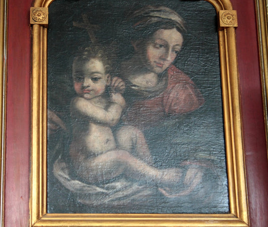 Canvas depicting the Madonna and Child in an oil painting from Northern Italy, last decade of the 16th century