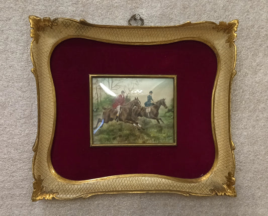 19th century English oil on canvas miniature with extraordinary signed miniature and original frame on red velvet ground