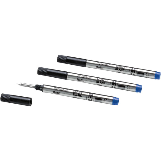 Montblanc 3 small refills for Meisterst�ck rollerball pens with silver bar, black caps and royal blue M tip
