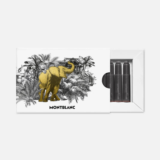 Una confezione regalo bianca montblanc con illustrazione elefante dorato contiene quattro cartucce inchiostro nere around the world