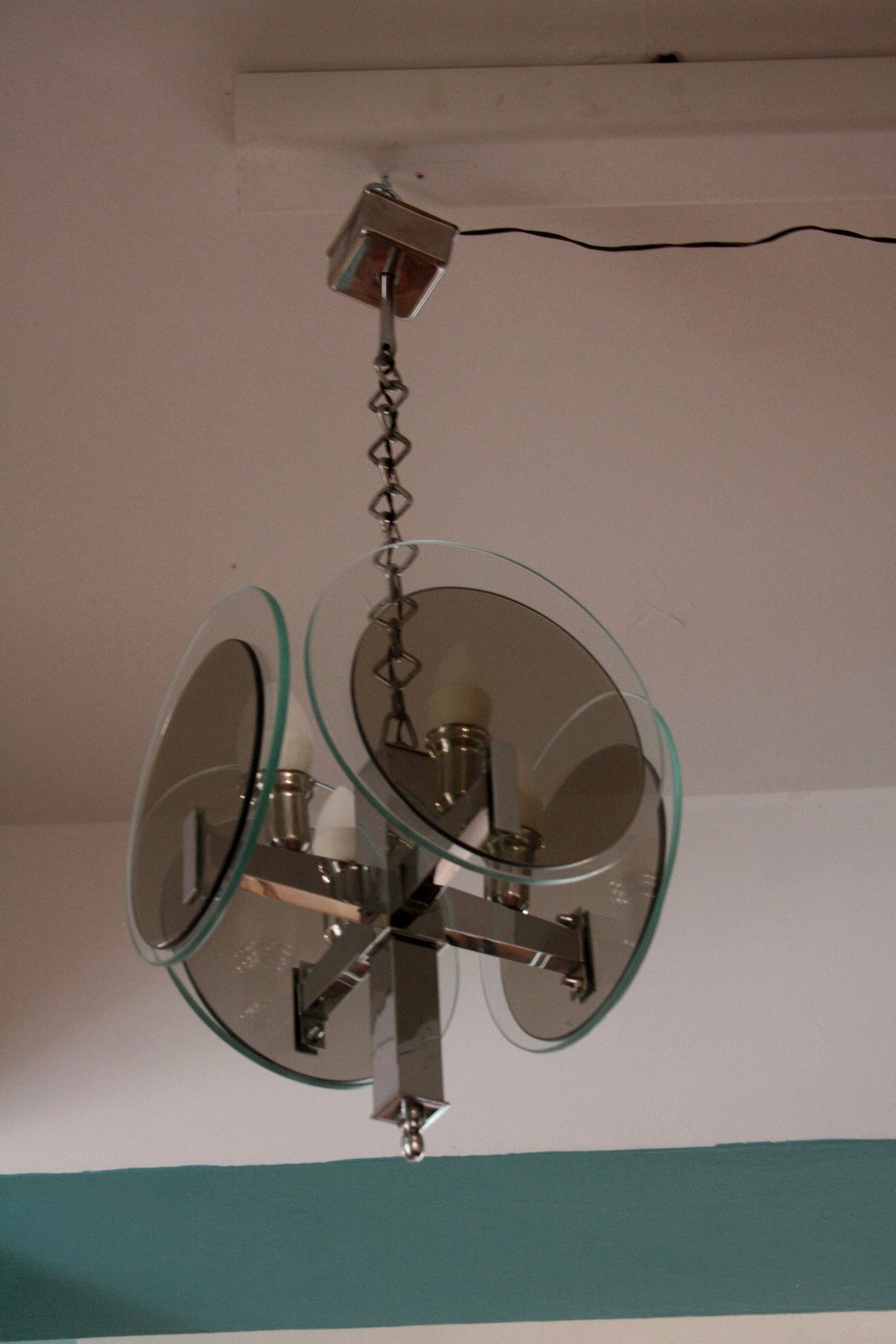 Lampadario vintage Art Déco in metallo cromato e vetro, stile vintage art degli anni 70