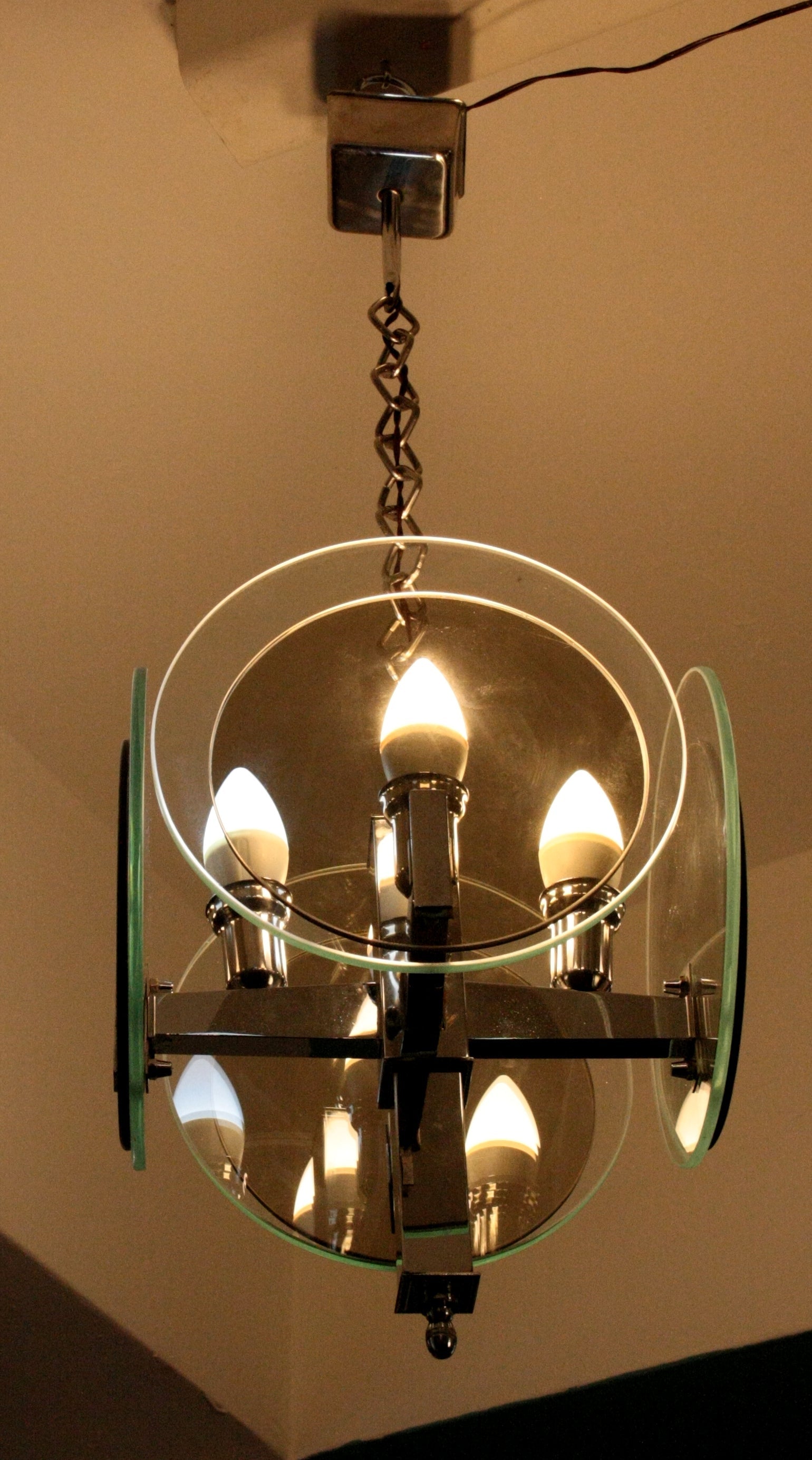 Lampadario vintage Art Déco in metallo cromato e vetro, stile anni 70 Italia