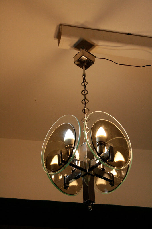 Lampadario vintage Art Déco in metallo cromato e vetro, stile vintage art degli anni 70