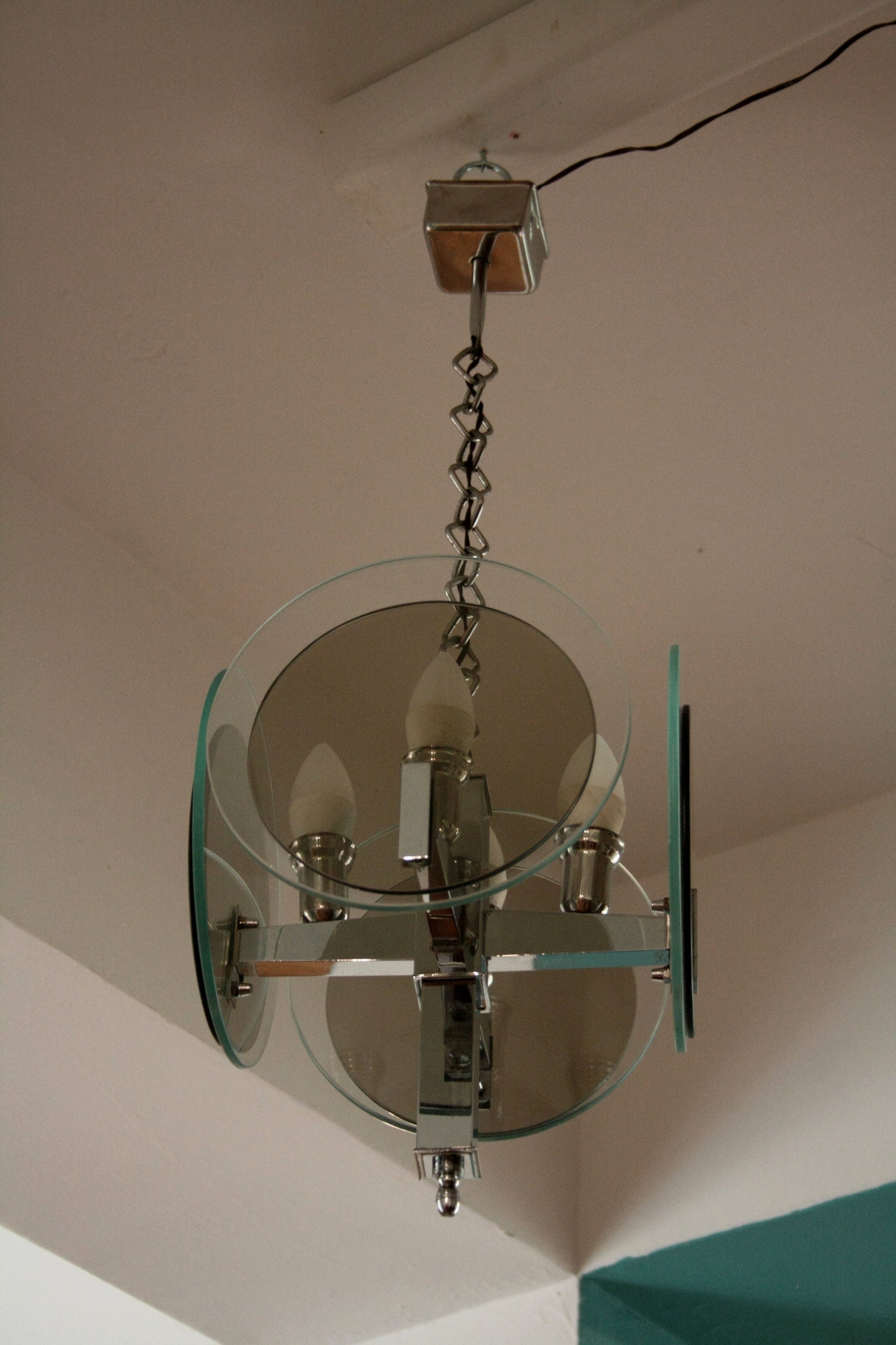 Lampadario vintage Art Déco in metallo cromato e vetro, stile anni 70 Italy