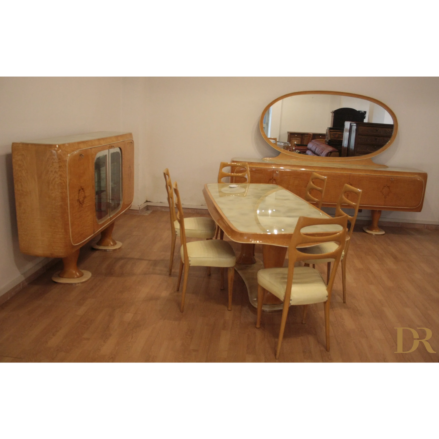 Set da pranzo vintage con buffet e specchio, Mobile Bar Credenza di Vittorio Dassi