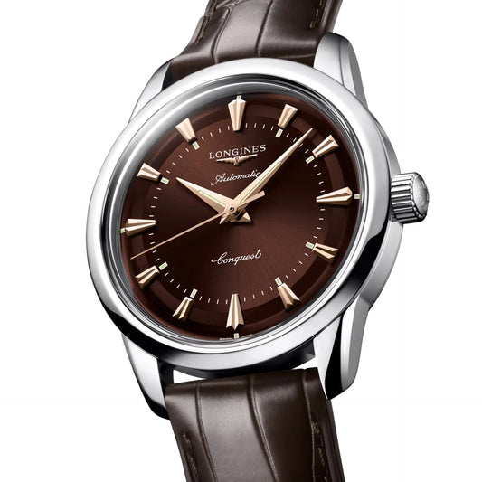 Longines Heritage 38mm automatic brown steel watch with brown dial and alligator leather strap protected by the Swiss Federal Office