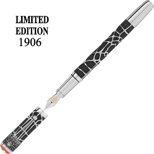 Montblanc Heritage Rouge et Noir Limited Edition Fountain Pen in Black and Silver with Giraffe and Golden Spider Motif on the Tip