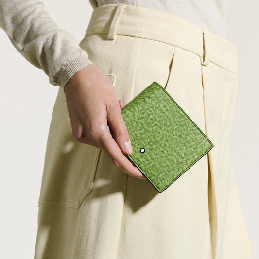 Montblanc 8cc sartorial wallet in multi-lime saffiano-print leather with circular black emblem on the front
