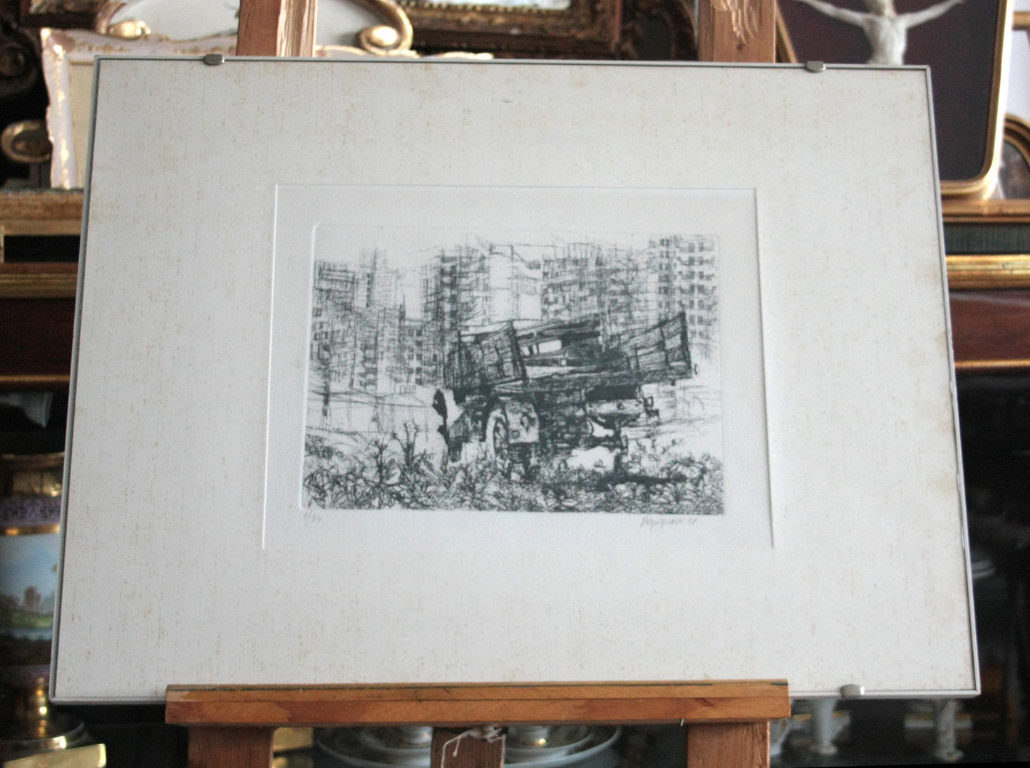 Framed black and white drawing of a truck by Renzo Vespignani Italiano, dimensioni quadro appropriate