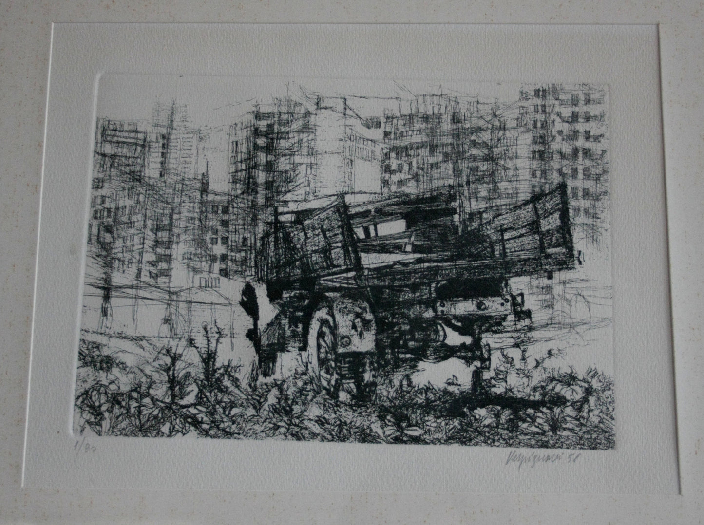 Monochrome truck etching by Renzo Vespignani Italiano, dimensioni quadro 1956