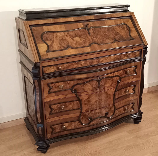 Ornate original 18th century Lombard wooden drop-leaf chest of drawers with burl panels and curved drawers, restored