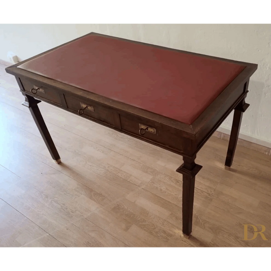 Scrivania Vintage Stile Impero Noce con piano in pelle rossa e due cassetti