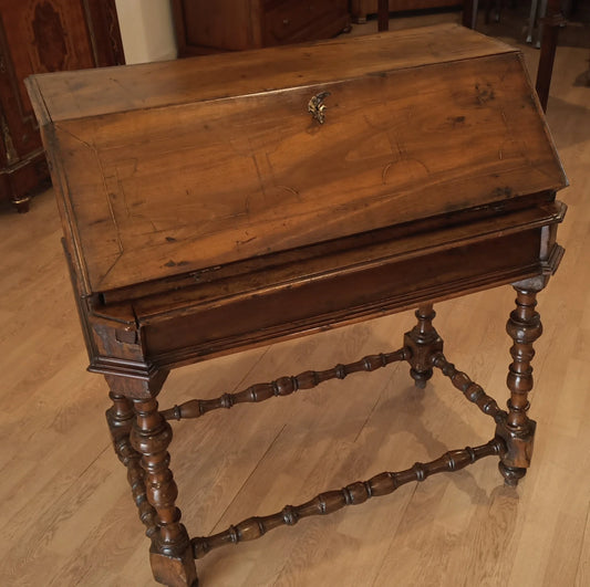 18th century antique wooden drop-leaf desk with turned legs and slanted writing surface