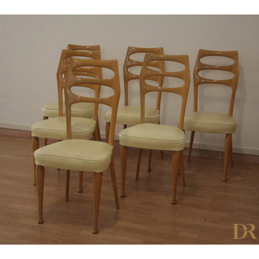 Set di 6 sedie in legno di Vittorio Dassi, pranzo Mid-Century Moderne, con sedili crema