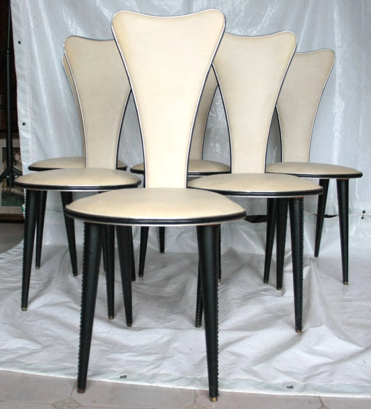 Set of five Umberto Mascagni chairs in white eco-leather with irregular triangle design, 1960s Italy