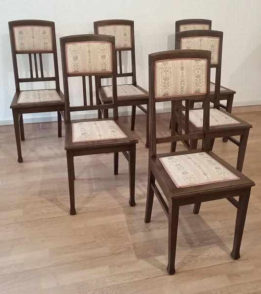Set of six vintage Italian-style dining chairs in solid oak with padded seat and backrest