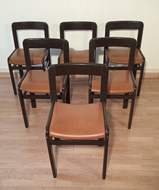 Set of six vintage 1970s dark wood dining chairs with light brown leather seats