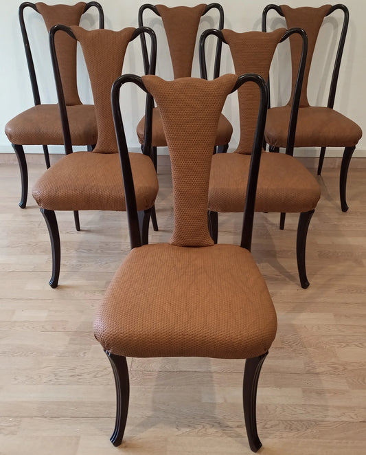 Set of six vintage dining chairs with brown padding and curved black wooden frame, 1950s design, restored
