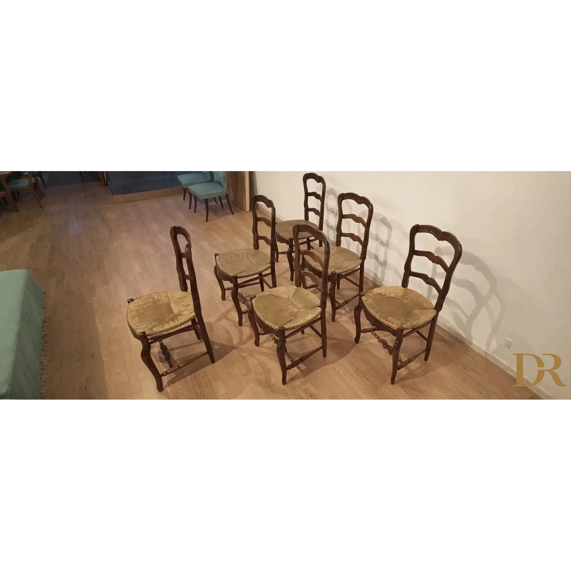 Set di sedie provenzali rustiche in rovere massello ottocento con sedute in corda