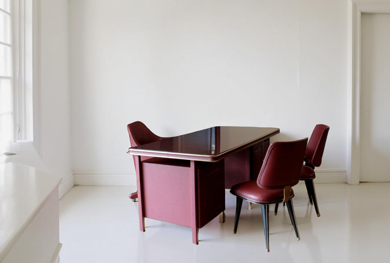 Set scrivania e tre sedie di Umberto Mascagni in similpelle bordeaux e ottone