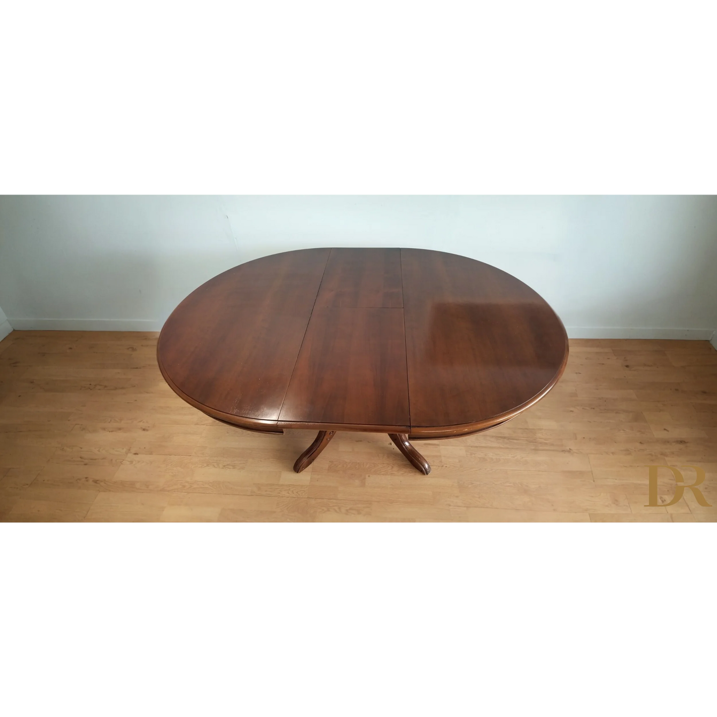 Tavolo tondo allungabile stile Luigi Filippo in legno scuro con base a piedistallo