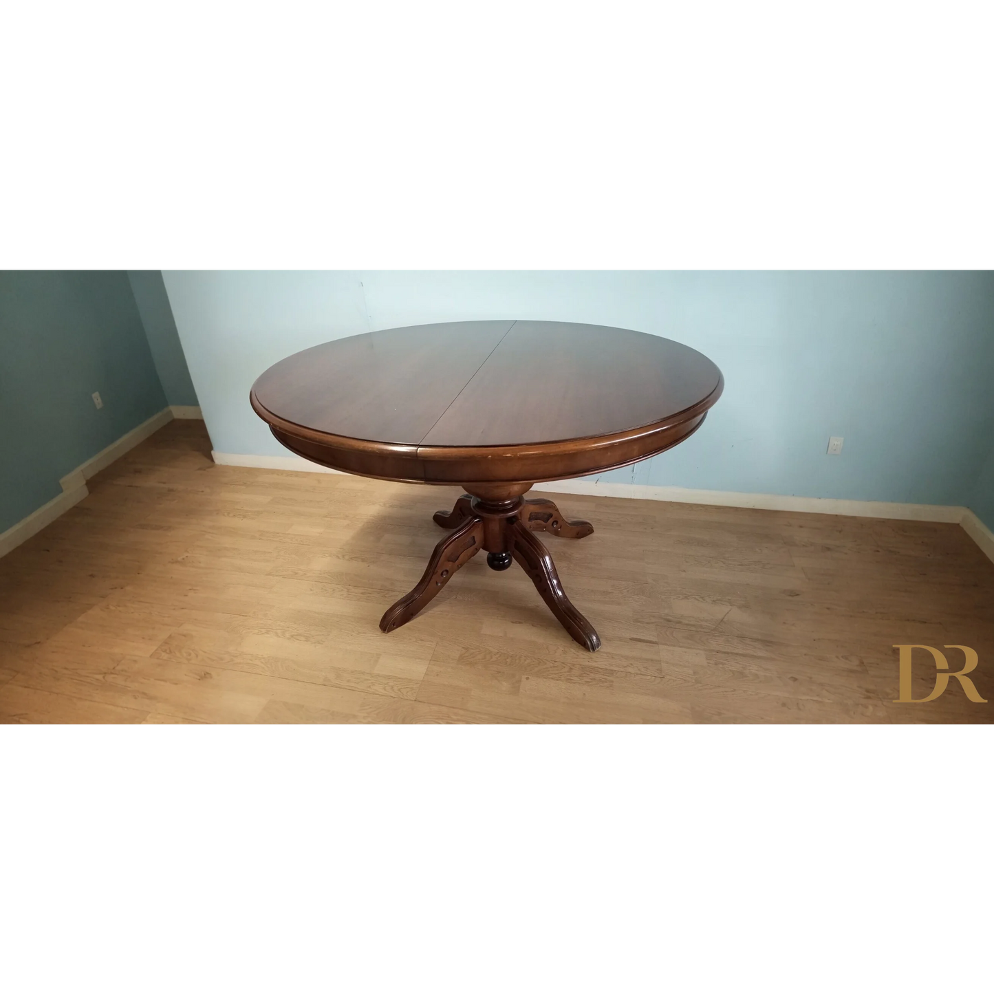 Tavolo tondo allungabile in stile Luigi Filippo con base pedestale ornamentale