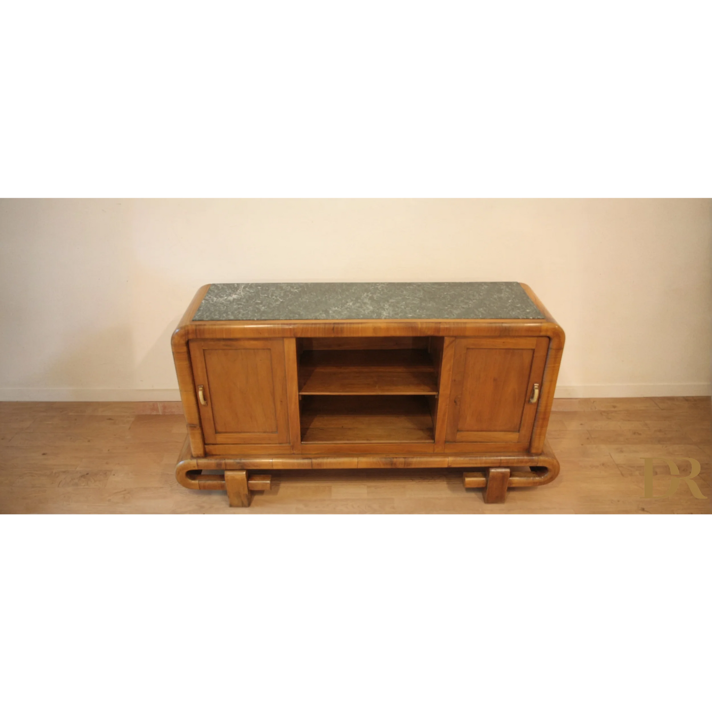 Toeletta in noce Art Decò anni 50 con mobile in legno e top in marmo, vintage