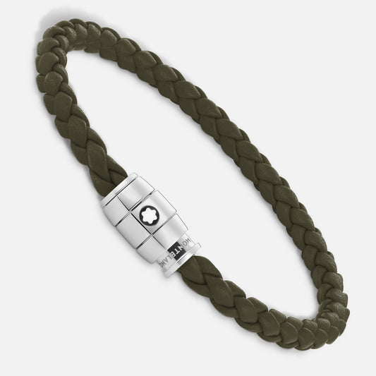 Montblanc Armband aus Stahl mit 3 Ringen und Leder Meisterstück Kaki Größe L 13600568
