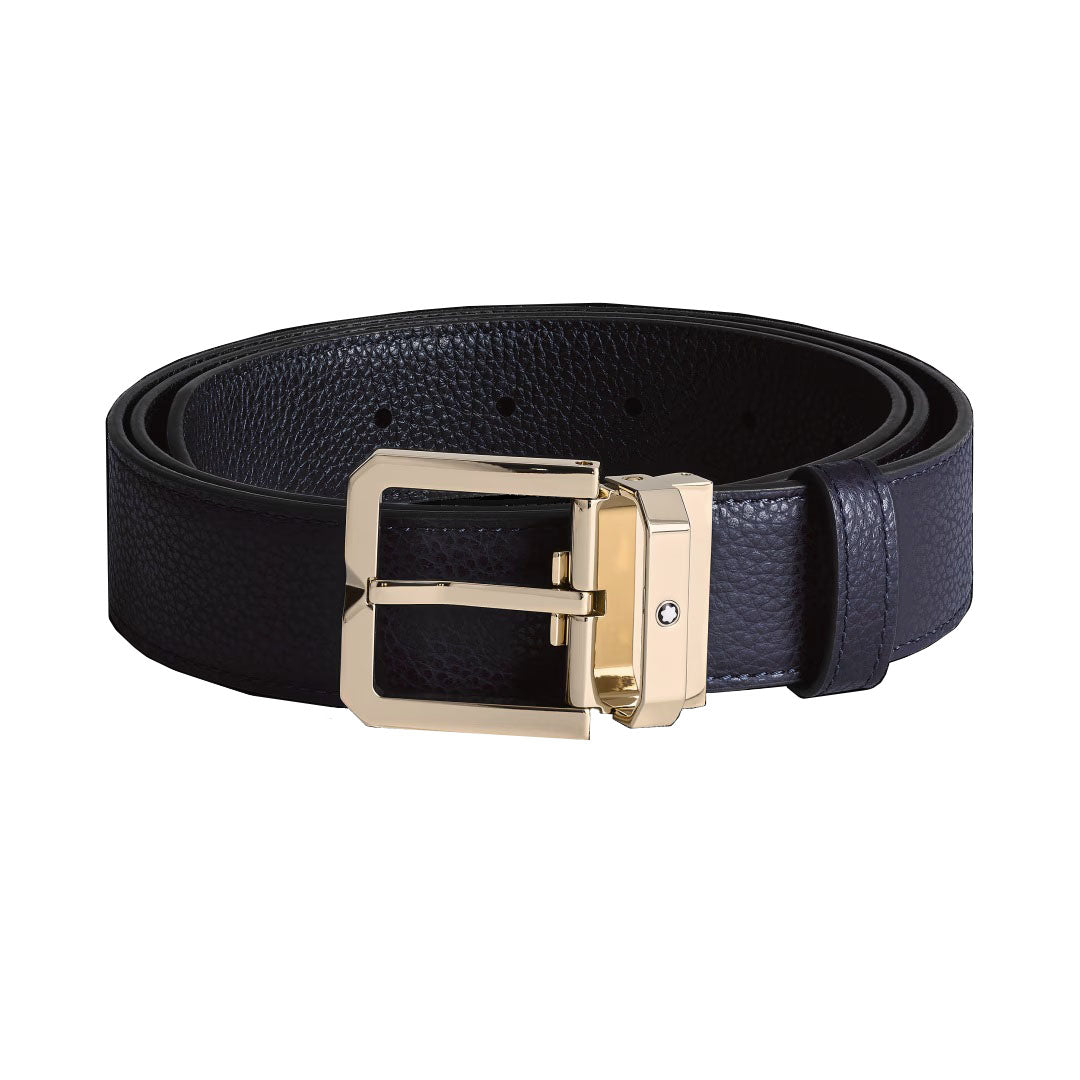 Montblanc 35mm belt with horseshoe buckle in light gold finish reversible midnight blue/black 199099