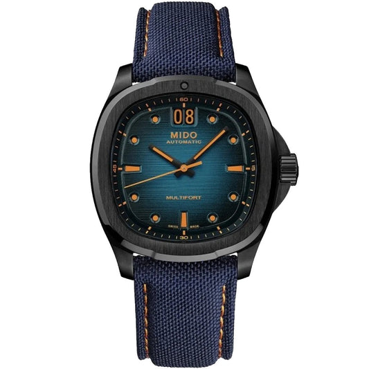 Montre Mido Multifort TV Grande Date 39x40mm bleue automatique acier finition PVD noire M049.526.37.041.00