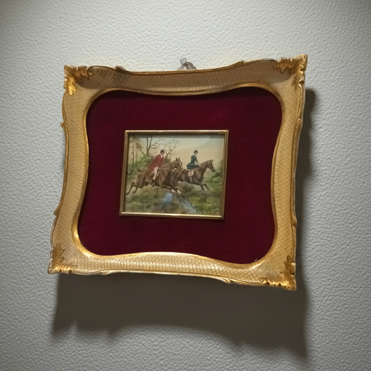 Miniatura olio su tela inglese XIX secolo, due cavalieri, cornice oro originale