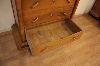 Secretaire mid century modern art deco in noce con cassetto aperto anni 50 in legno italiano