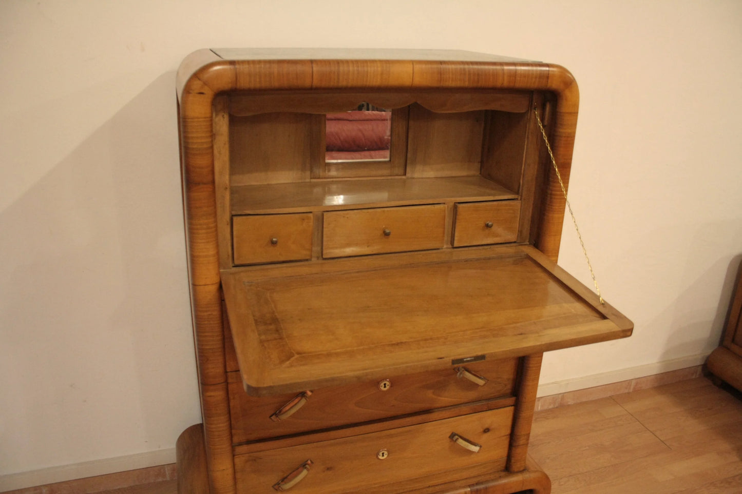 Wooden secretaire desk in noce with drawers mid century modern art deco italian design from the 1950s