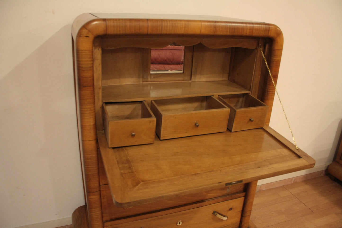 Secretaire in noce art deco anni 50 con piano scrittoio aperto in stile mid century modern italiano
