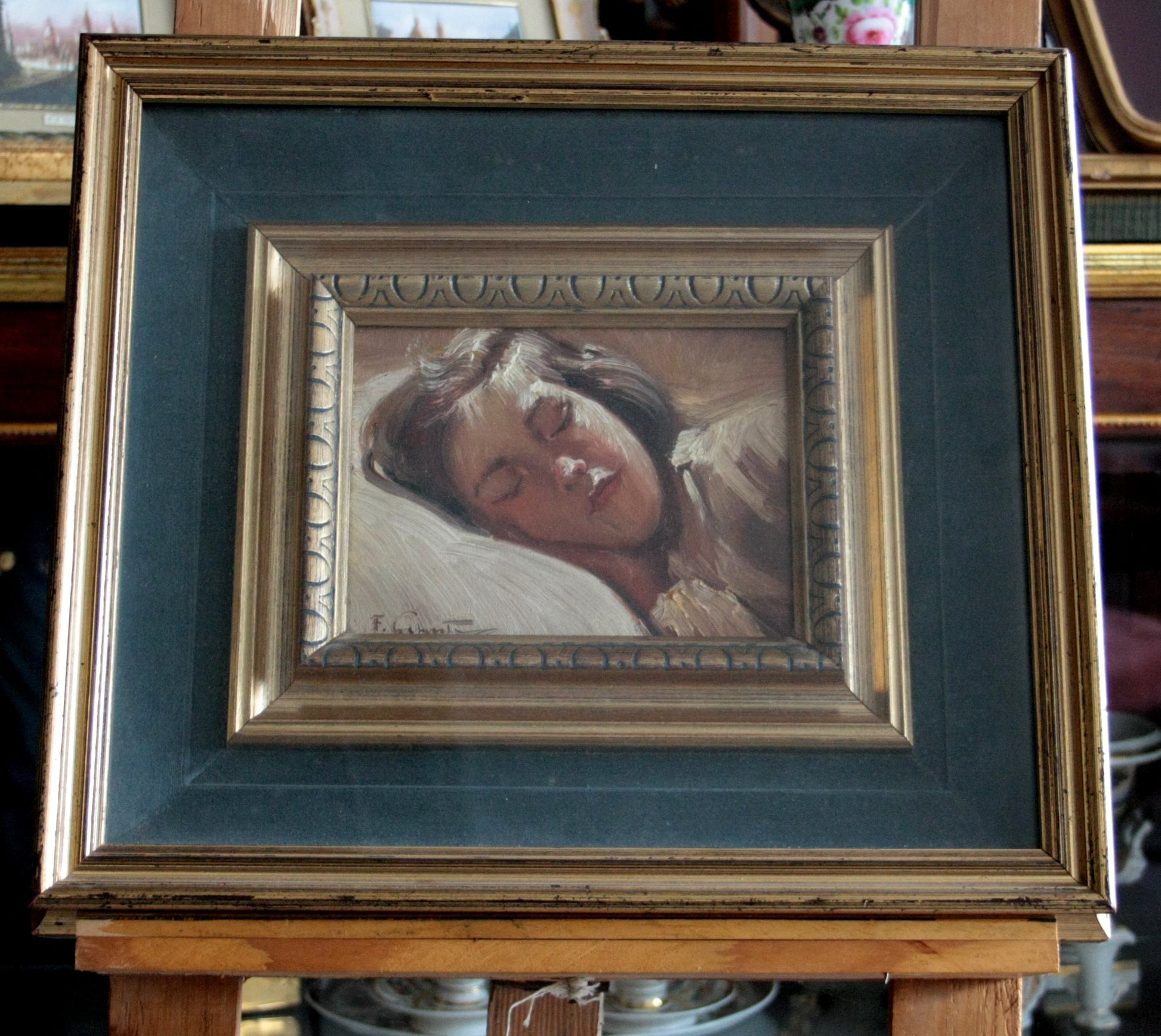 Quadro di francesco galante, bambina dormiente, opera firmata, pittura romantica