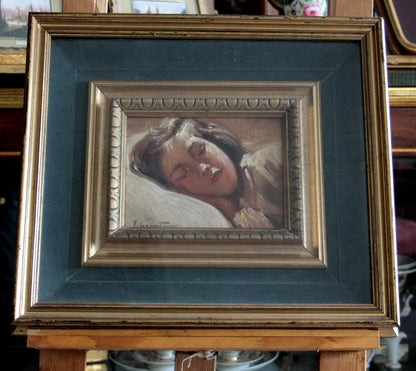 Quadro di francesco galante, bambina dormiente, opera firmata, pittura romantica
