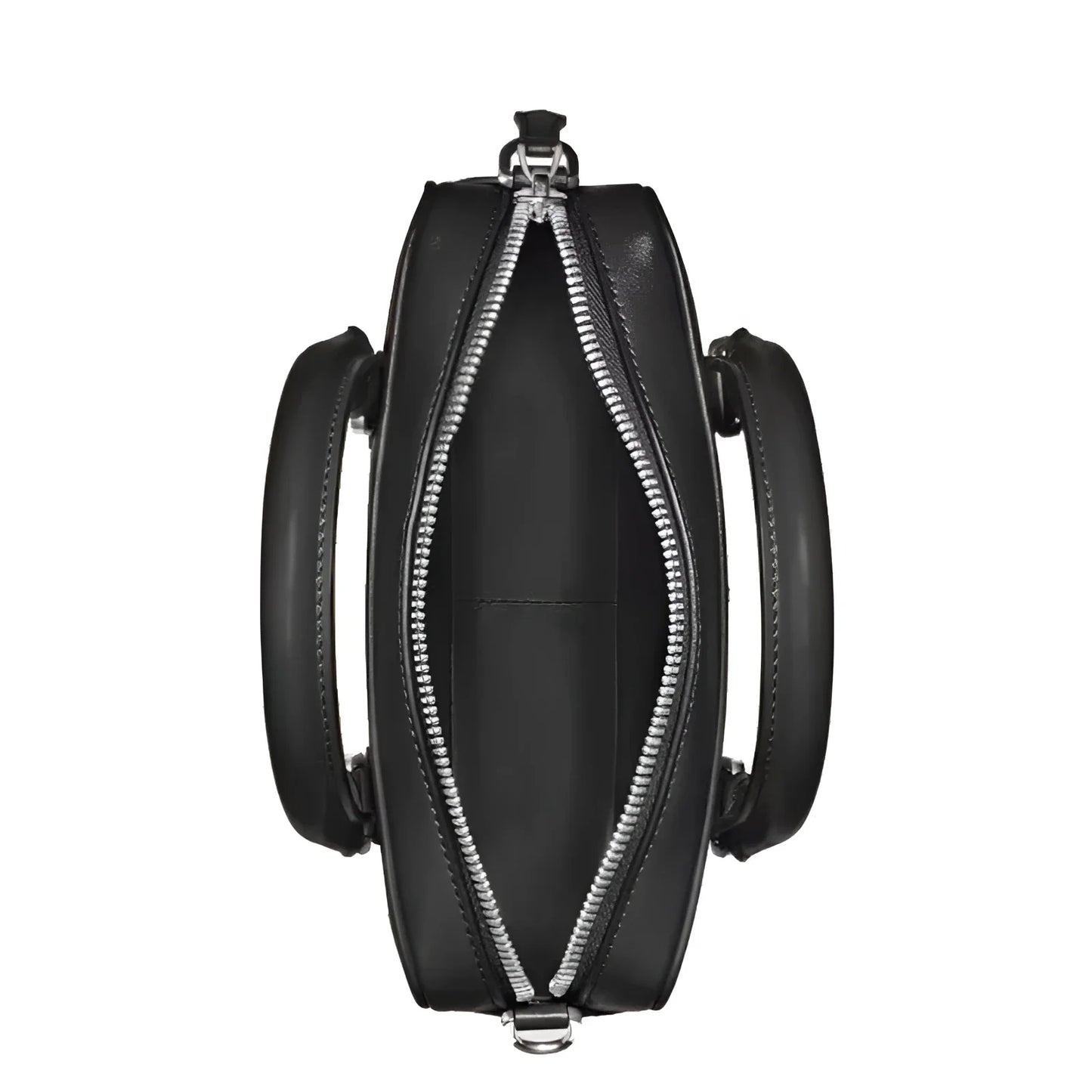 Elegante borsa bowling piccola montblanc modello piccolo meisterstück nero in pelle con cerniera e manici argento
