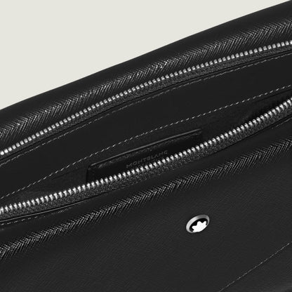 Montblanc messenger bag trio sartorial nero in pelle nera con zip argento e texture a spina di pesce sottile