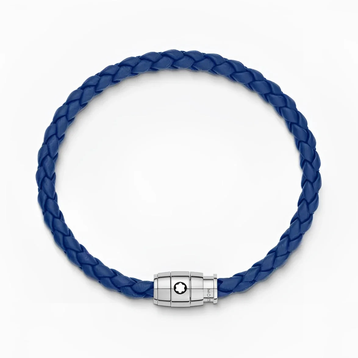 Bracciale Montblanc in pelle blu misura M con chiusura a 3 anelli in acciaio e logo sul fermaglio